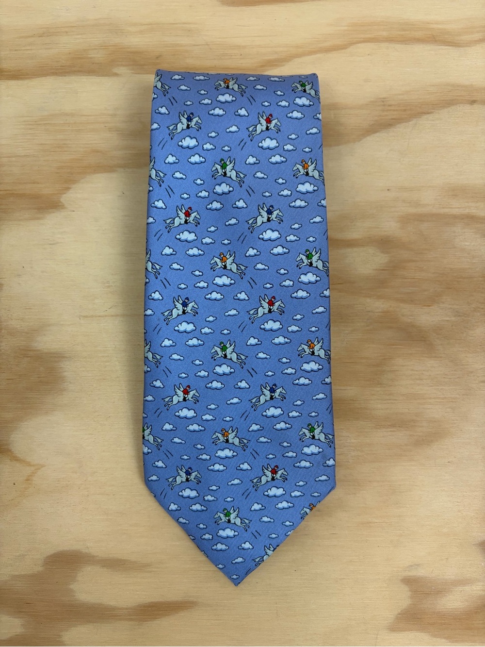 Hermes 100% Silk Whimsical Flying Pegasus Jockey Cloud Motif Necktie